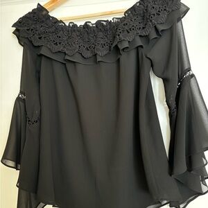 White House Black Market Black Ruffled Asymmetrical Blouse